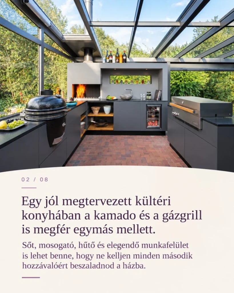 Kültéri konyha kamadoval és gázgrillel